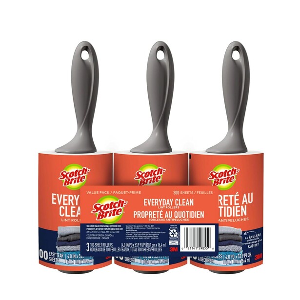Three-pack of Scotch-Brite lint rollers with gray handles and red packaging displayed against white background.
