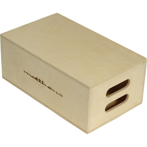 Natural wood storage crate with rope handles and hand-drawn text on the front panel.