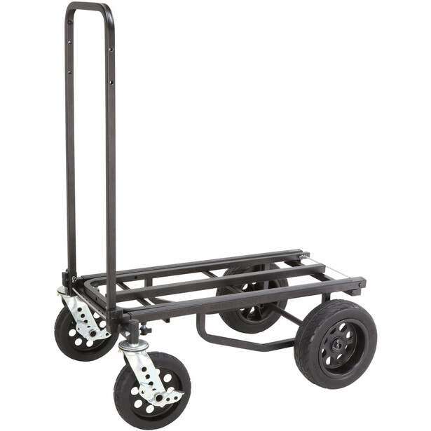 Illustration of a folding hand truck cart with four wheels and a vertical handle bar.