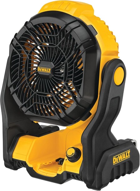 DeWalt portable cordless fan with yellow and black housing and integrated carrying handle.