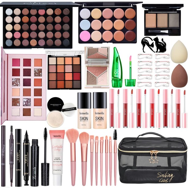Comprehensive makeup collection including eyeshadow palettes, brushes, lipsticks, and cosmetic tools arranged with a black travel case.