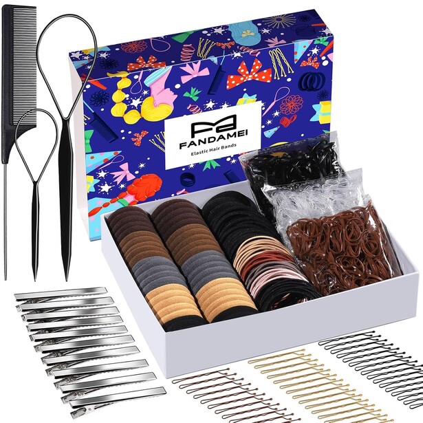 Hair styling kit with colorful packaging, hair clips, bobby pins, and elastic bands in various shades.