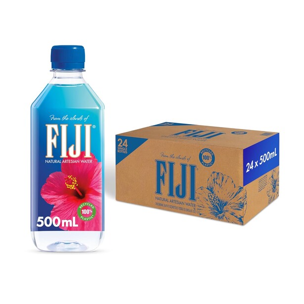 FIJI brand water bottle and retail packaging box displayed side by side.