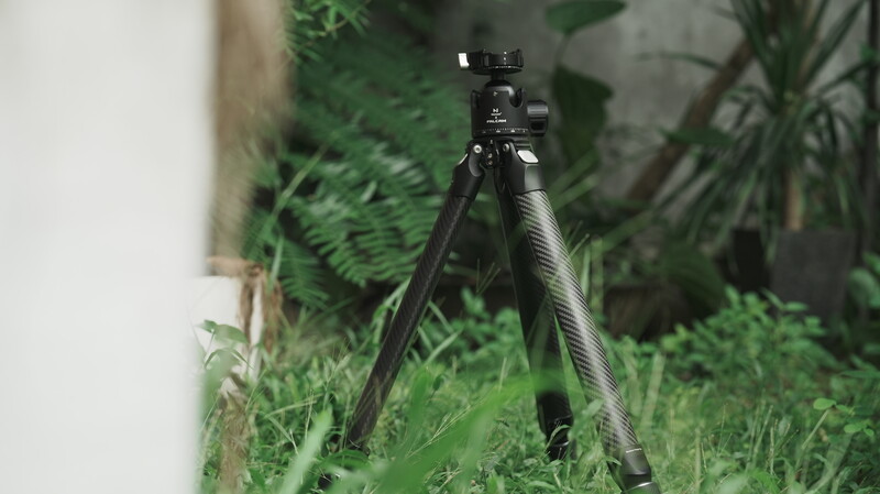 Black carbon fiber tripod with ball head mounted on grass in front of green foliage.
