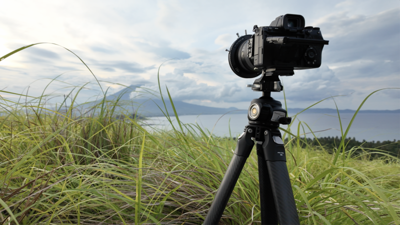 DSLR camera mounted on tripod in grassy coastal landscape with mountains and water in background.