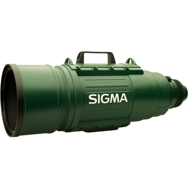Sigma 200mm f/2.0 APO EX DG telephoto lens in green finish with carrying handle.
