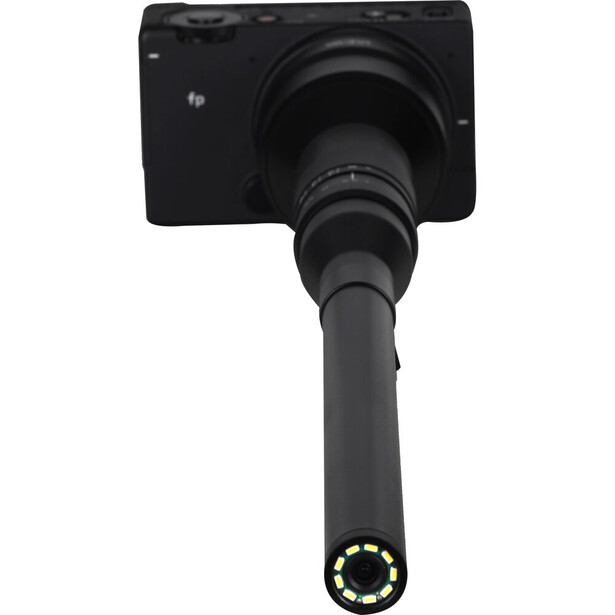 Illustration of a mirrorless camera with an extended telephoto lens mounted on a black pole or handle.