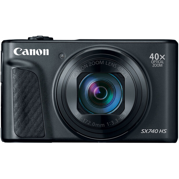 Canon PowerShot SX740 HS compact digital camera with 40x zoom lens on black background.