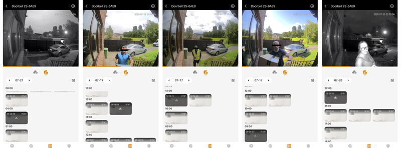 Screenshots of a security camera app showing multiple surveillance clips organized in a timeline view.