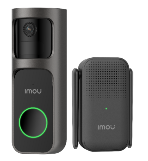 Imou video doorbell and wireless chime device displayed side by side against white background.