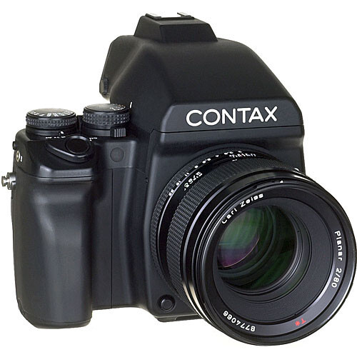 Contax 645 medium format film camera with Carl Zeiss lens and prism viewfinder attachment.