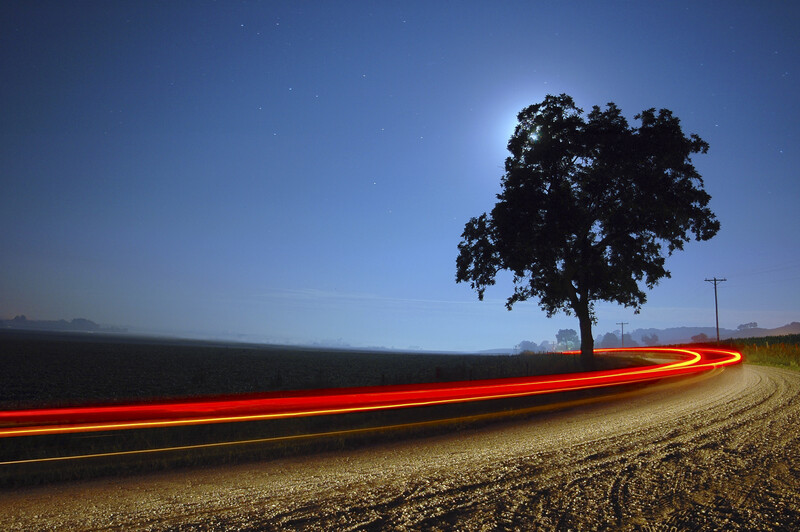 Long exposure light trail from a car's headlights streaking across a rural road at dusk beside a solitary tree.