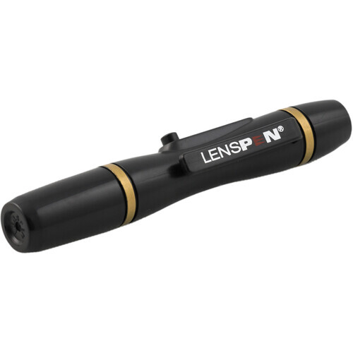 Black cylindrical lens pen with gold-colored bands and text marking on the barrel.