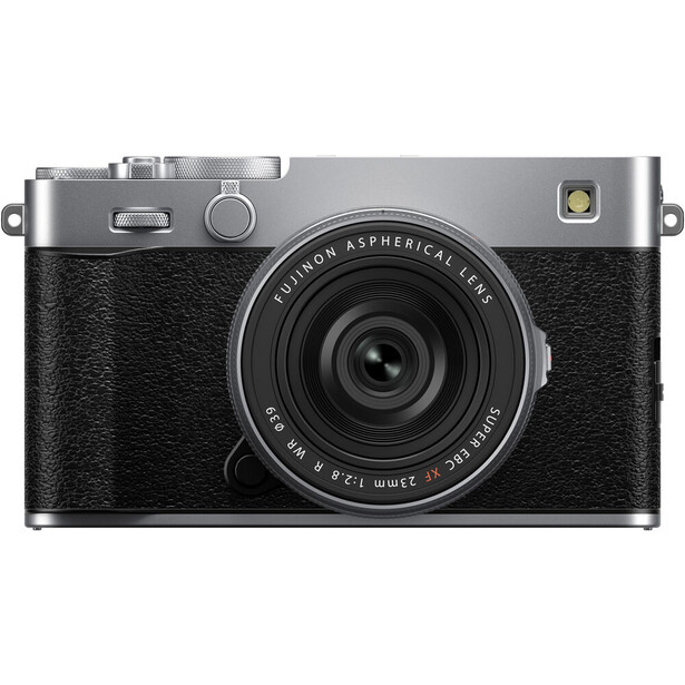Fujifilm X100V compact digital camera with silver top plate and black leather grip.