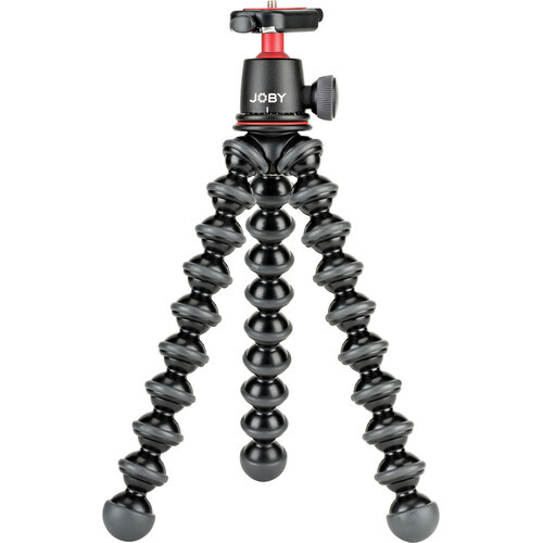 Joby GorillaPod flexible tripod with ball head mounted on top and rubber feet at leg ends.