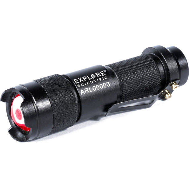 Black tactical flashlight with textured grip and adjustable red beam focusing ring against white background.