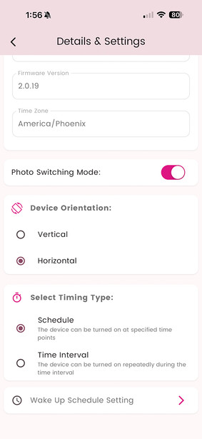 Screenshot of camera app settings menu showing photo switching mode and device orientation options.