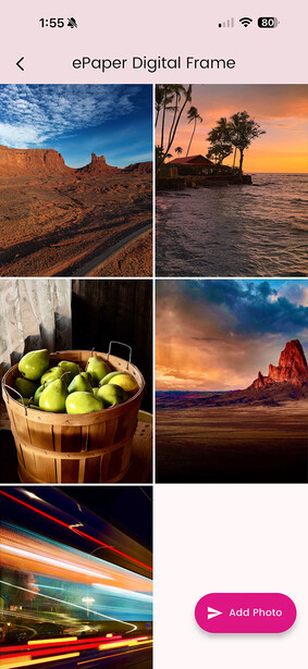 Screenshot of a digital frame app showing a grid of six landscape and still life photographs with golden hour and blue hour lighting.