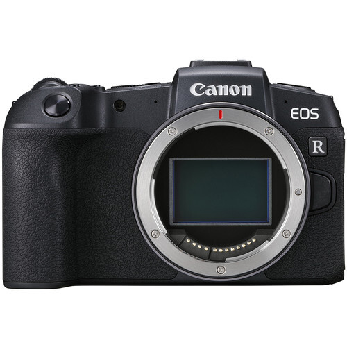 Canon EOS R mirrorless camera body shown from front, displaying the sensor mount and LCD screen.
