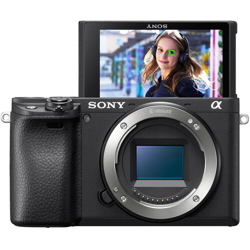 Sony Alpha mirrorless camera with articulating LCD screen displaying a portrait of a woman with headphones.