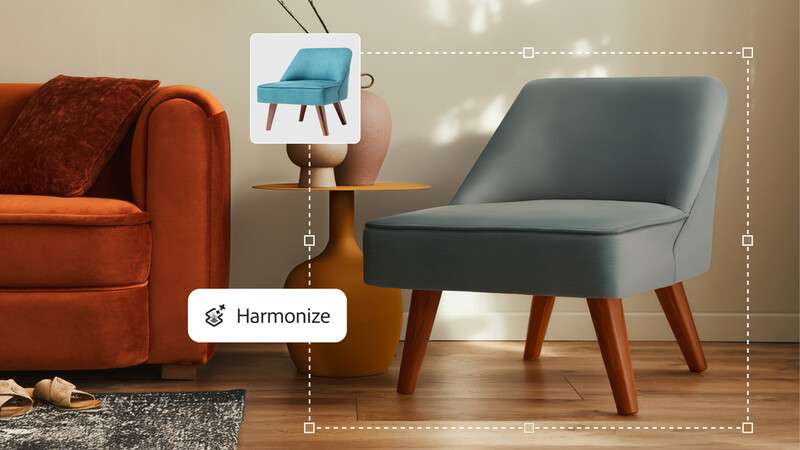 Screenshot of an interior design app showing furniture selection with a teal accent chair highlighted and a harmonize feature option displayed.