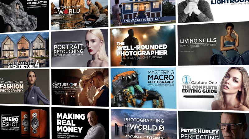 Grid of photography tutorial and course promotional thumbnails covering various genres and techniques.