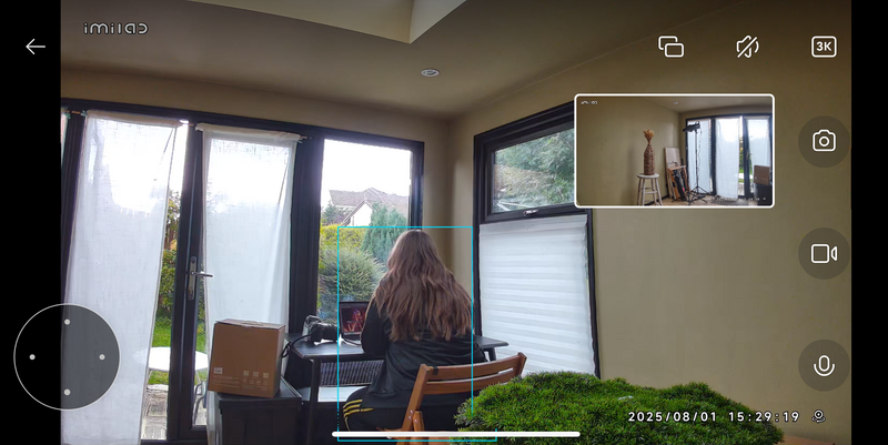 Security camera screenshot showing woman at desk with garden view through glass doors and windows.