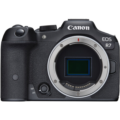 Canon EOS R7 mirrorless camera body front view with lens mount exposed.