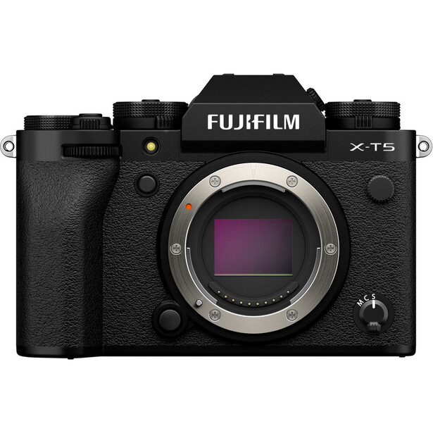 Fujifilm X-T5 mirrorless camera body with lens mount exposed, shown from front.