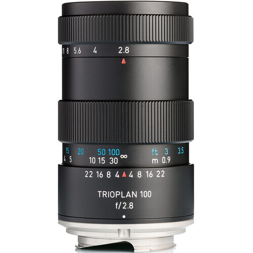 Schott Optics Tripolan 100 f/2.8 telephoto lens with depth-of-field markings and focusing scale visible.