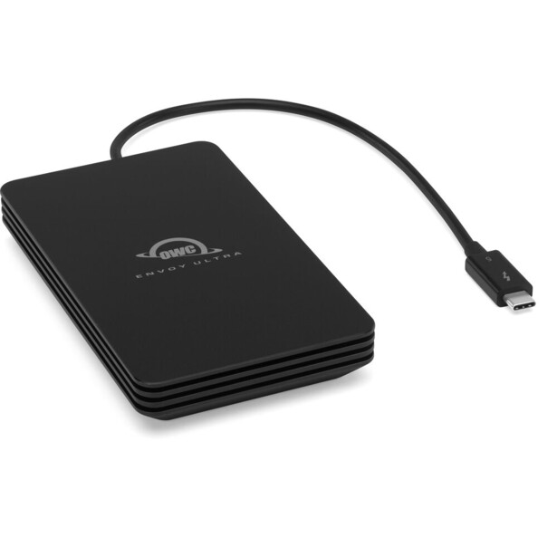 Black portable external hard drive with attached micro-USB cable.
