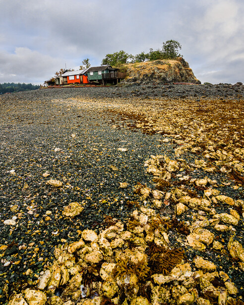 Photo of fishing shacks on a rocky Vancouver Island beach