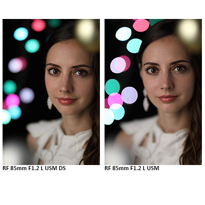 Side-by-side portrait comparison showing different lens rendering at f/1.2 aperture.