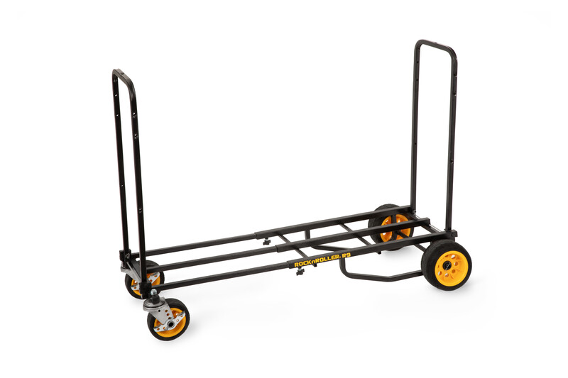 Utility cart with black frame, yellow wheels, and collapsible handles for transport and storage.