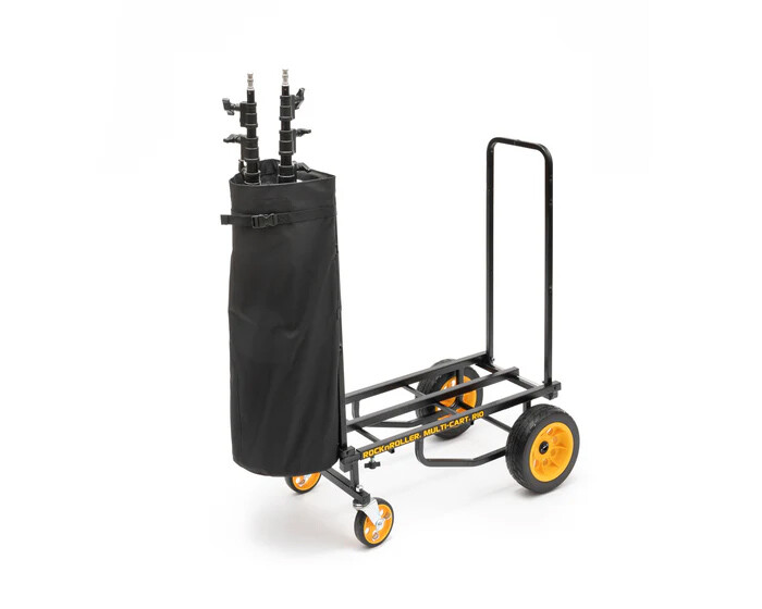 Photography equipment cart with collapsible black bag and yellow wheels on white background.