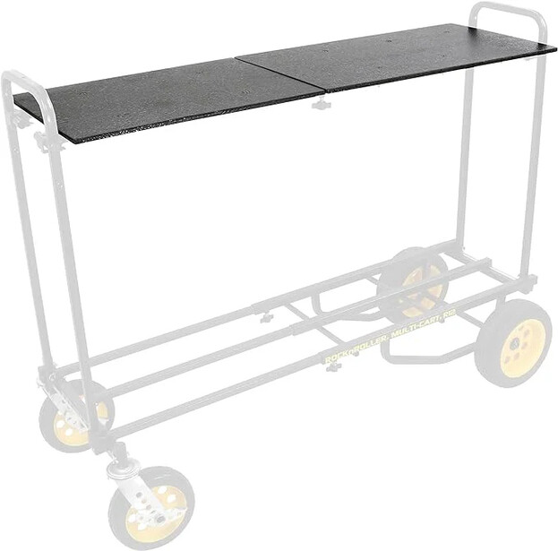 Equipment cart with gray padded top shelf and metal frame with yellow-accented wheels.