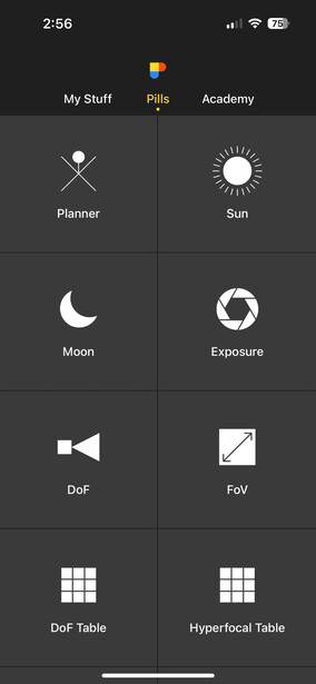 Screenshot of a mobile photography app interface showing grid of editing tools including My Stuff, Academy, Planner, Sun, Moon, Exposure, Dof, Fov, Dof Table, and Hyperbolic Table.