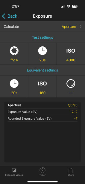 Screenshot of a camera exposure settings interface showing aperture, shutter speed, and ISO controls.