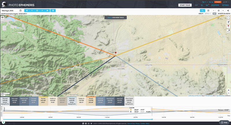Screenshot of Photo Ephemeris mapping application showing terrain with flight path overlay and location data.