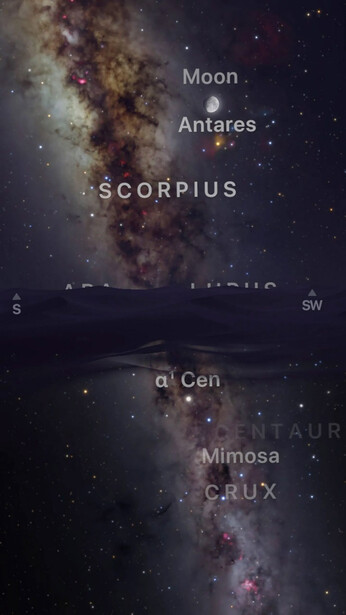 Star chart overlay of the Milky Way showing constellations Scorpius and Centaurus with labeled celestial objects.