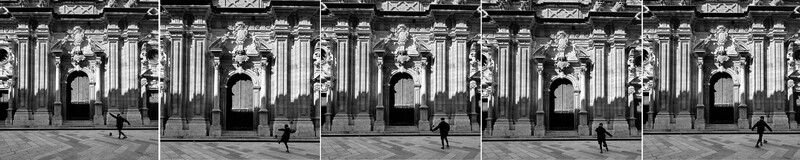 Sequence of five black and white frames showing a solitary figure moving across an ornate classical building facade.