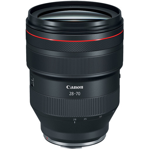 Canon RF 28-70mm f/2L USM zoom lens with red accent ring and RF mount.