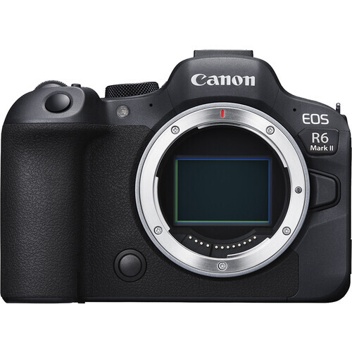 Canon EOS R5 Mark II mirrorless camera body front view showing sensor and mount.
