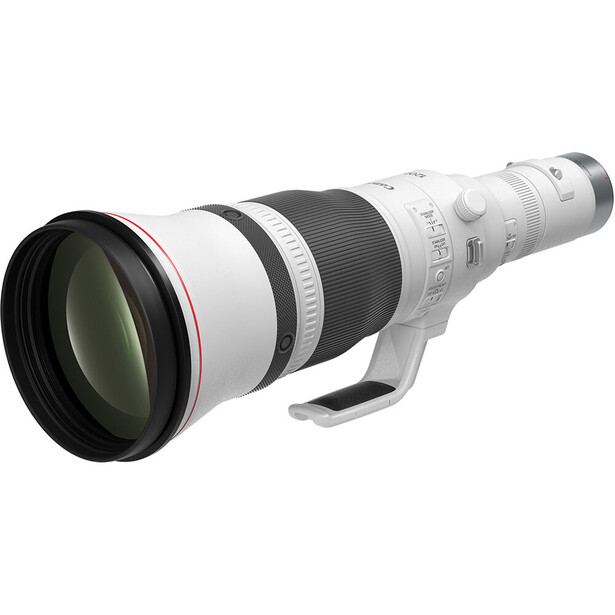 White telephoto lens with black rubber grip sections and metal lens mount.