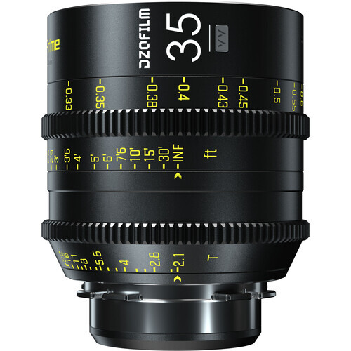 Zeiss Milvus 35mm cinema lens with focus and aperture rings marked in yellow text.