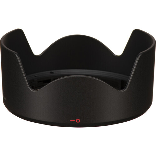Black lens hood with wide opening and curved side flaps against white background.