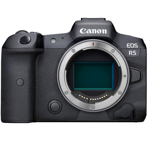 Canon EOS R5 mirrorless camera body shown from front, displaying the lens mount and sensor.