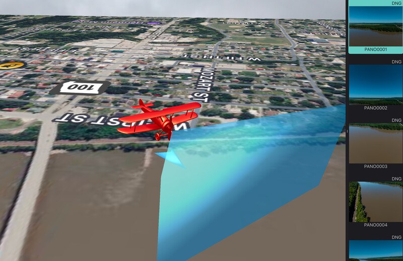 Screenshot of aerial mapping software showing a red aircraft icon over a coastal area with terrain and water visualization.