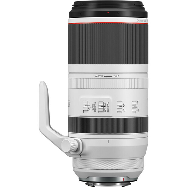 White telephoto zoom lens with red accent ring and control buttons on middle barrel.