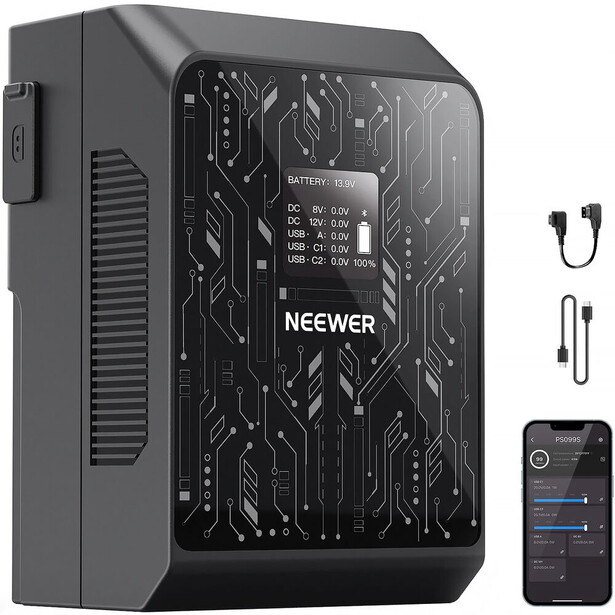 Neewer portable power station with circuit board design on dark exterior, displayed with earbuds, charging cable, and smartphone app interface.